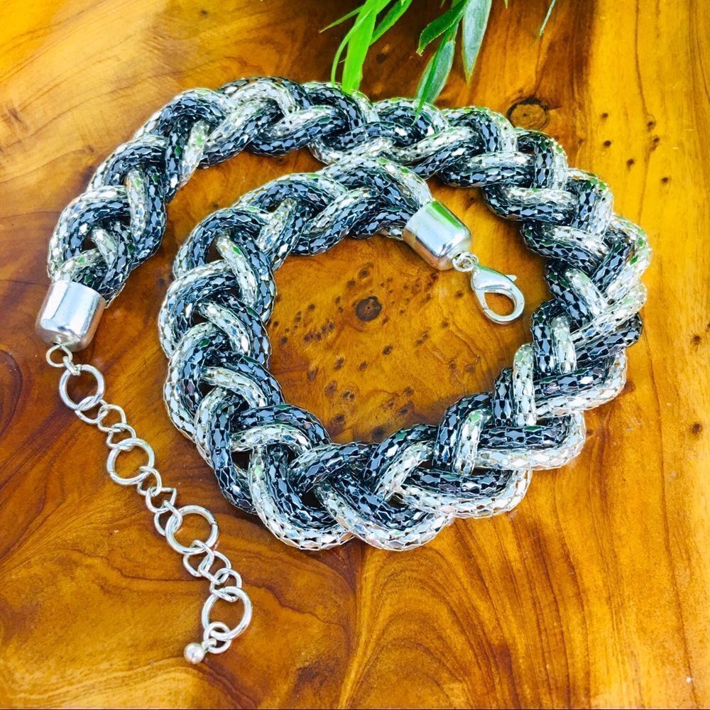 Chunky Silver Hematite Tone Mesh Braided Thick Necklace adjustable 4255